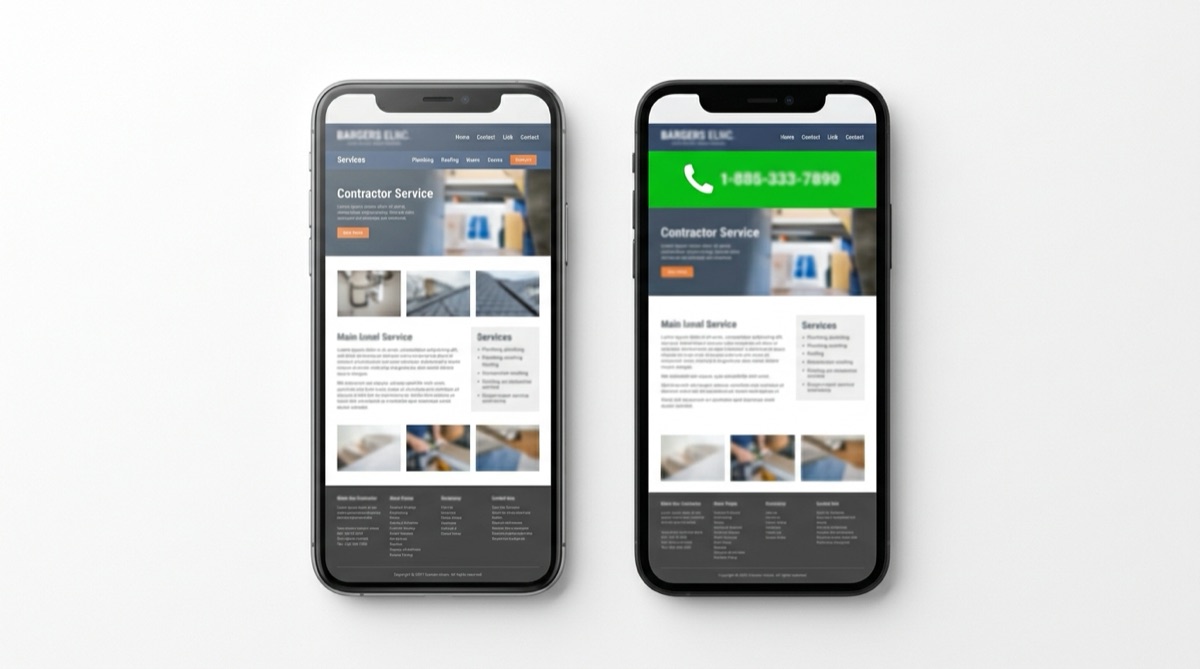 Side-by-side comparison showing a contractor website with the phone number buried in the footer versus prominently displayed in the header on mobile