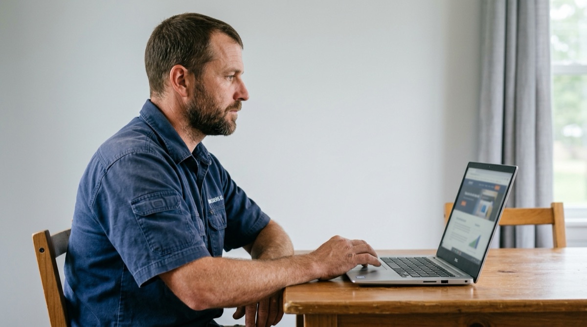 A contractor reviewing his website on a laptop, looking for reasons it isn't generating leads