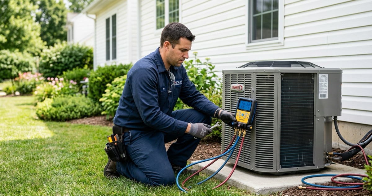 An HVAC technician completing a service call on a residential unit