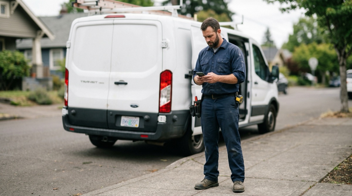 A contractor checking his smartphone next to a service van, representing local search visibility for home service businesses