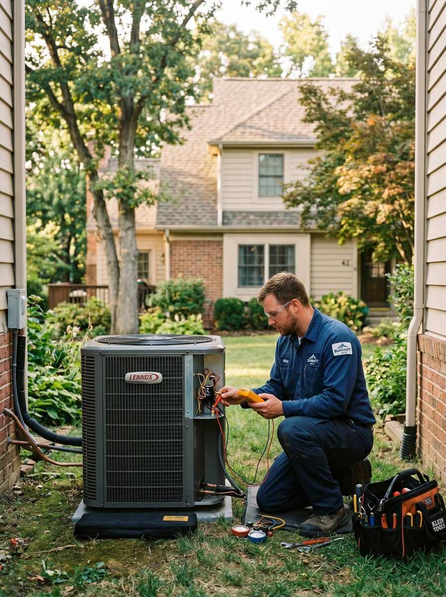 HVAC technician servicing an air conditioning unit at a residential home